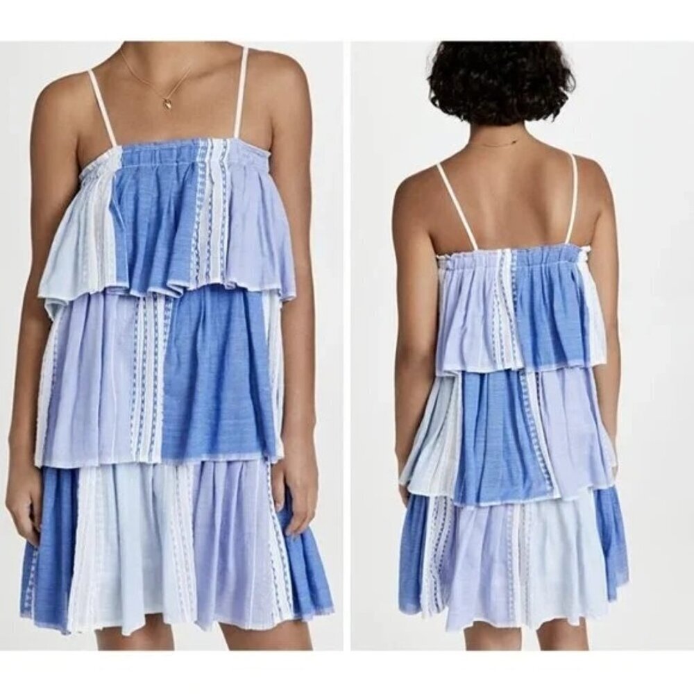 Lemlem  Eshal Blue Gradient Tiered ‎ Short Cotton Sundress Spaghetti Straps -XS